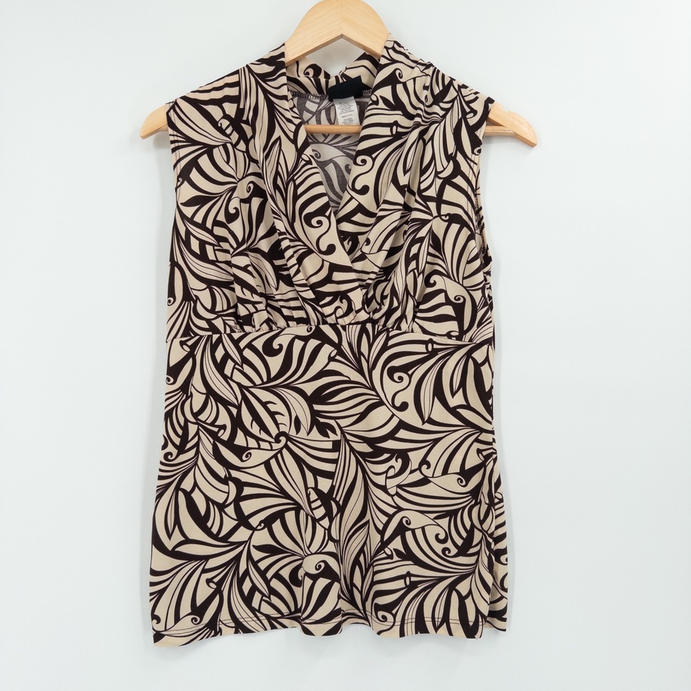 Vintage Y2K Babydoll Top Women Medium Brown‎ Cream Abstract Retro Print 90s Boho